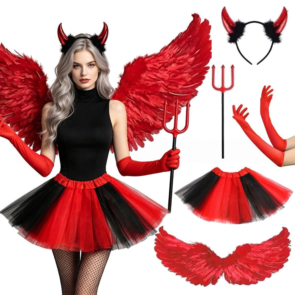 Women'S Red Accessories - Halloween-Cosplay-Set: Roter Teufel, Kopfbedeckung, Flügel, Rock,