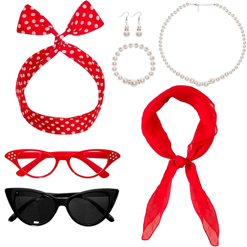 Women'S Accessories In The 1950S - 7-teiliges 1950er-Kostüm-Accessoire-Set für Damen: Katzenaugen-Brille, Haaraccessoires,